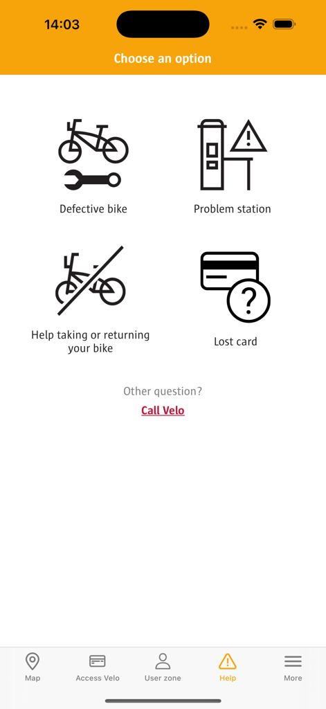 Velo Antwerpen - Help menu of the Velo Antwerpen bike sharing app showing support options for users