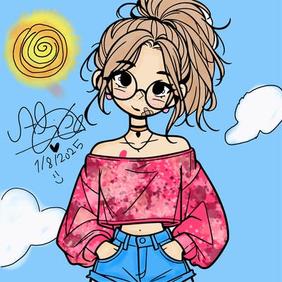 girl with a messy ponytail glasses a baggy crop top and jean shorts