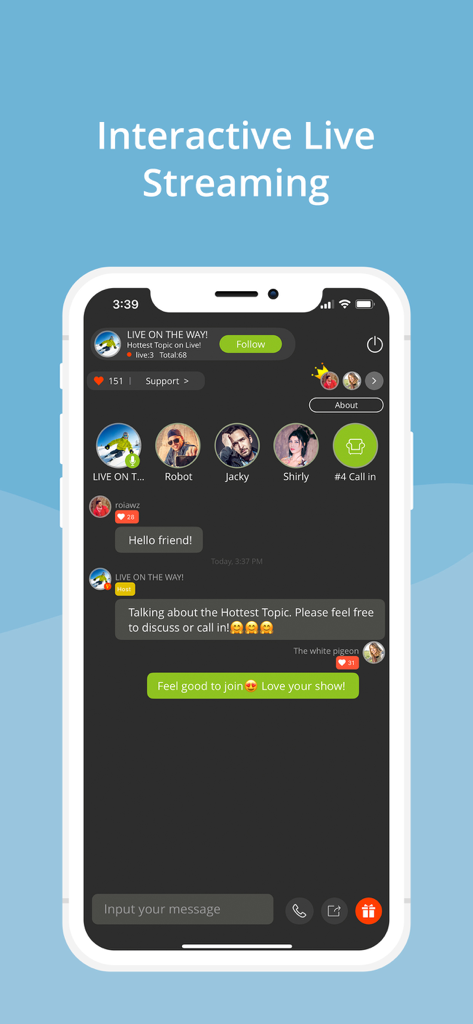 Podbean app interface showcasing interactive live audio streaming with real time chat and call in features