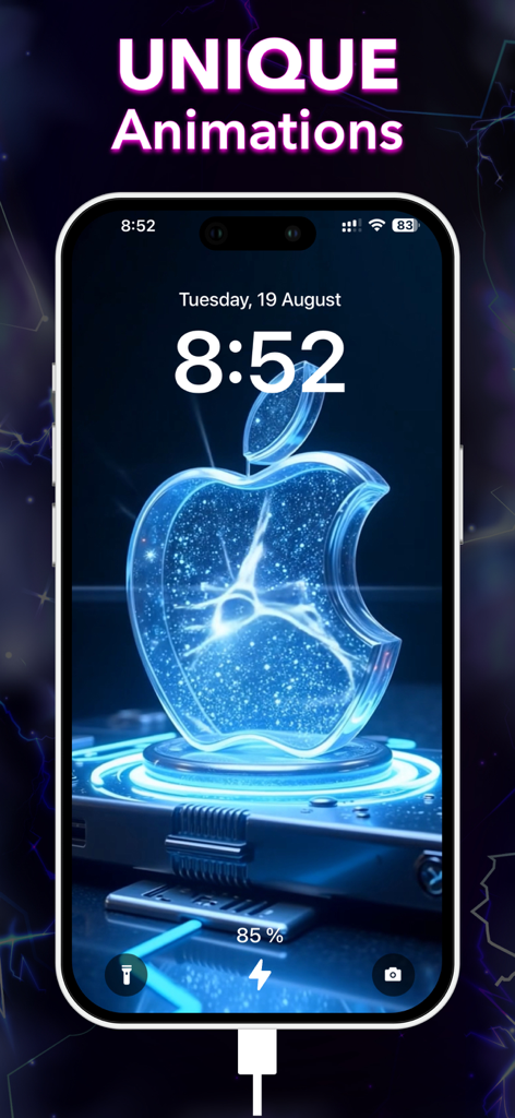 iPhone screen displaying a unique glowing blue 3D Apple logo charging animation