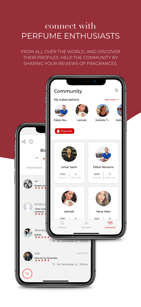 Interface da comunidade da aplicação Perfumist mostrando perfis de perfumes e avaliações de utilizadores