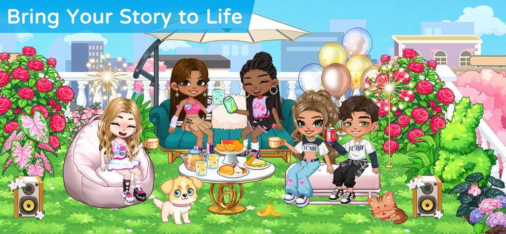 YoYa Time: Build, Share & Play - 5人のファッショナブルなアバターが、ペットや食べ物と一緒に庭園パーティーを楽しんでいるクリエイティブなデジタル世界。