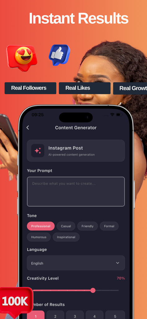 Real Followers and Likes - KI-gestützte Content-Generator-Oberfläche zum Erstellen von Instagram-Posts mit benutzerdefinierten Ton- und Kreativitätseinstellungen.