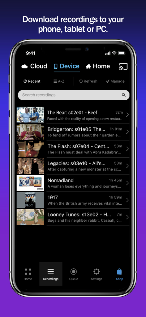 PlayOn Cloud - Streaming DVR - PlayOn Cloud app interface displaying a list of downloaded TV shows and movies for offline viewing including titles like The Bear and Bridgerton.