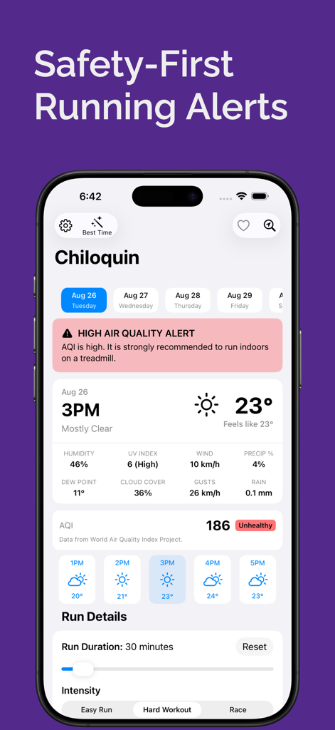 RunPrep - Weather for Runners - RunPrep app screen showing a high air quality alert and detailed weather metrics for runners.