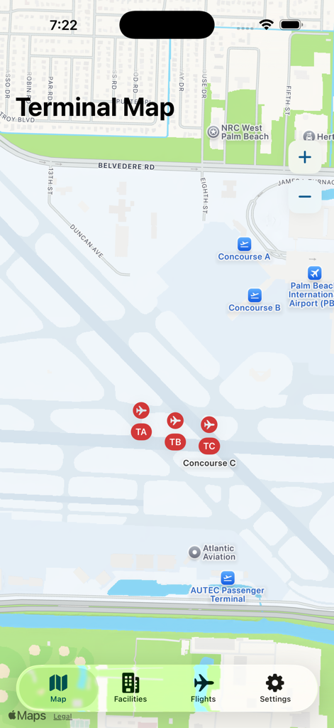 Palm Beach Intl PBI Airport - Interactive terminal map of Palm Beach International Airport showing concourses and gates