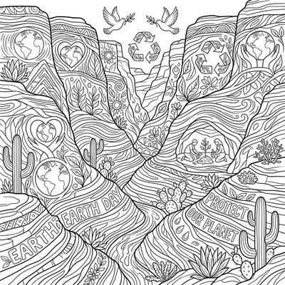 Immerse yourself in this stunning Earth Day coloring page featuring majestic desert canyons. Discover intricate details and powerful environmental messages, making it perfect for mindful coloring and celebrating our planet.