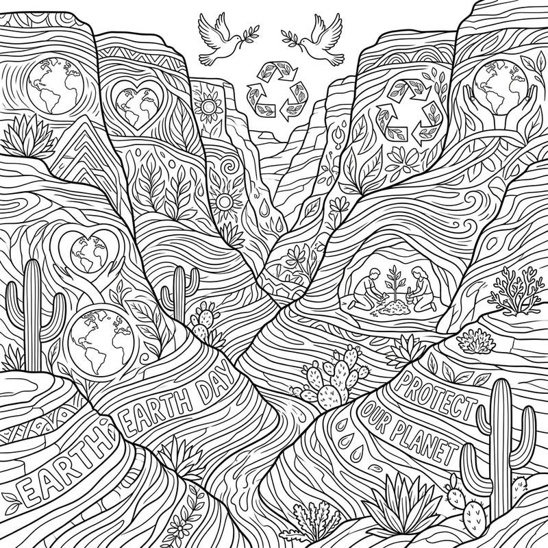 Immerse yourself in this stunning Earth Day coloring page featuring majestic desert canyons. Discover intricate details and powerful environmental messages, making it perfect for mindful coloring and celebrating our planet.