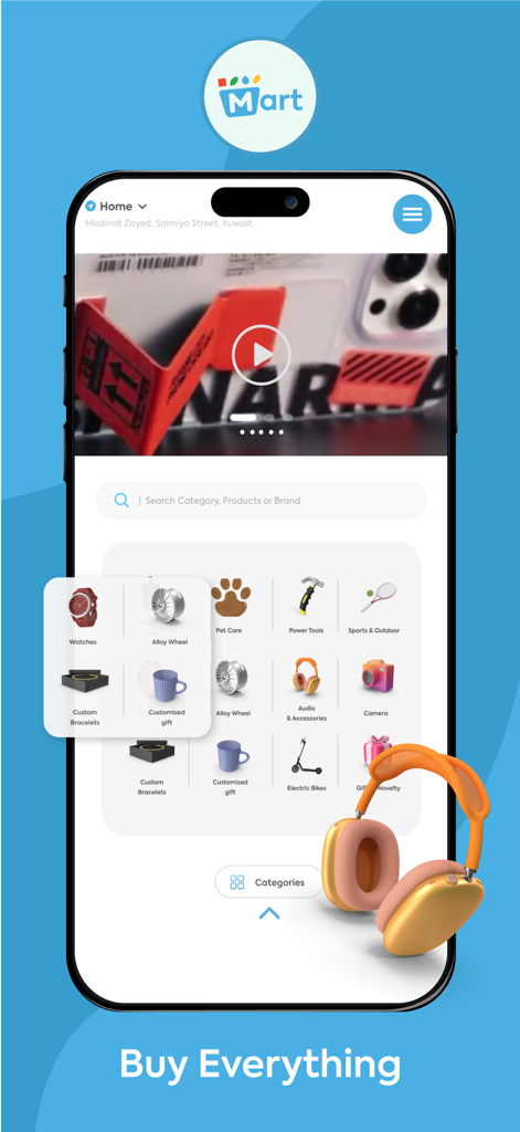 Katch! KW - Katch! KWモバイルアプリのインターフェース。さまざまな製品カテゴリが表示されたオンラインマーケットプレイスを示しています。