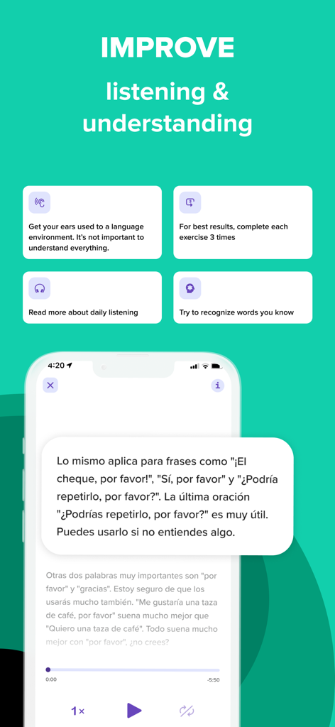 Speakly app interface showing tips and an audio exercise to improve language listening and understanding skills.