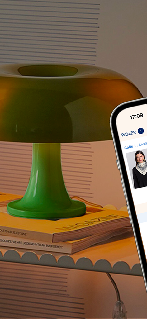 The Bradery - Private Sales - The Braderyショッピングアプリのカートインターフェースを示すスマートフォン横に置かれた、緑色のキノコランプ。