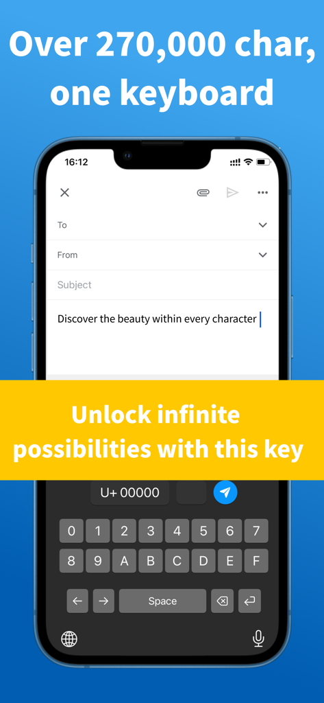 A mobile keyboard interface for entering Unicode characters using hexadecimal codes.