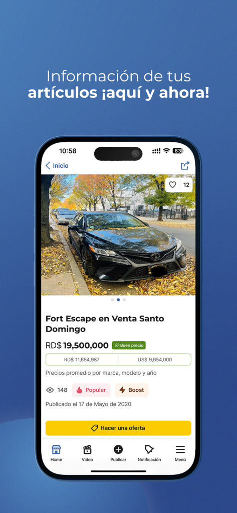 Mobile screen showing a car for sale listing on the Corotos marketplace app.
