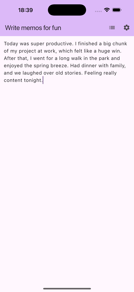 Screenshot of a personal diary entry with a light purple aesthetic theme in the Write memos for fun app.