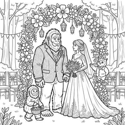 Step into a heartwarming woodland wedding where the legendary Bigfoot ties the knot! This charming coloring page features a unique ceremony, perfect for those who love a touch of fantasy and romance.