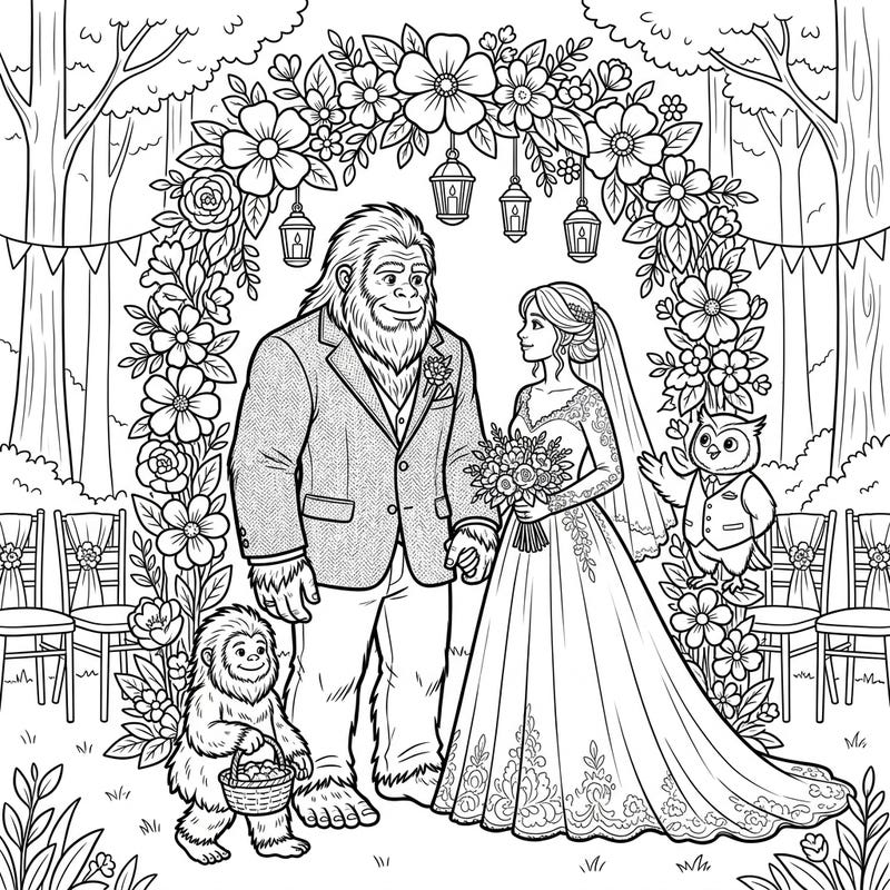 Step into a heartwarming woodland wedding where the legendary Bigfoot ties the knot! This charming coloring page features a unique ceremony, perfect for those who love a touch of fantasy and romance.
