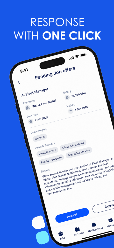 Imploy - Smartphone screen showing a pending job offer for a Fleet Manager in the Imploy app with an option to accept in one click