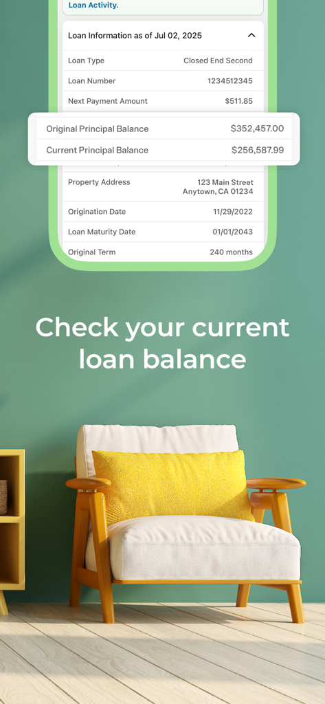PENNYMAC MOBILE - Pantalla de la aplicación PennyMac Mobile que muestra detalles del préstamo hipotecario, incluido el saldo principal y la información del pago