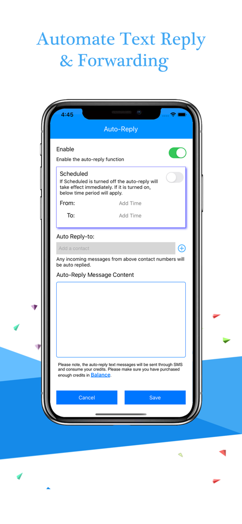 AutoSender Pro - Auto Texting - Interfaz para configurar respuestas automáticas de texto y programar respuestas a mensajes en AutoSender Pro.