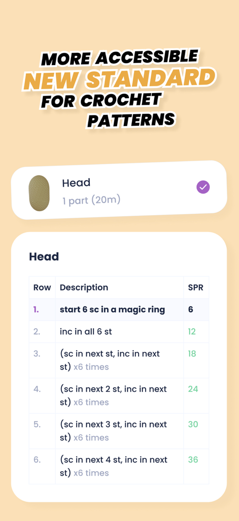 Crochet row & stitch counter - Uma interface móvel exibindo um padrão de crochê carreira a carreira para um projeto de cabeça de amigurumi