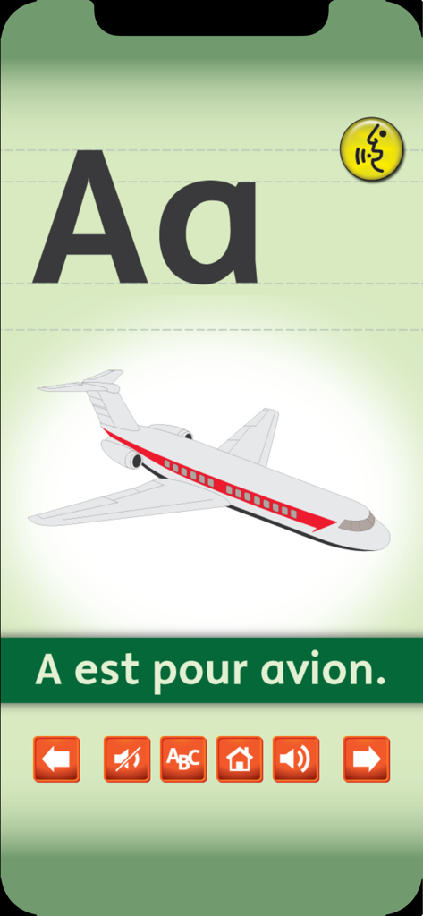 Una flashcard digitale francese per la lettera A raffigurante un aereo e il testo A est pour avion.