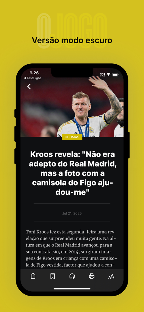 Article d'actualités sportives O Jogo affiché en mode sombre