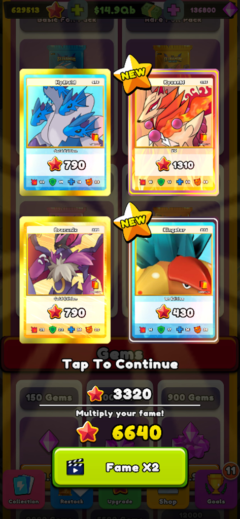 TCG Card Shop Tycoon Simulator - A display of four rare trading cards collected from a pack opening in the TCG Card Shop Tycoon Simulator mobile game.