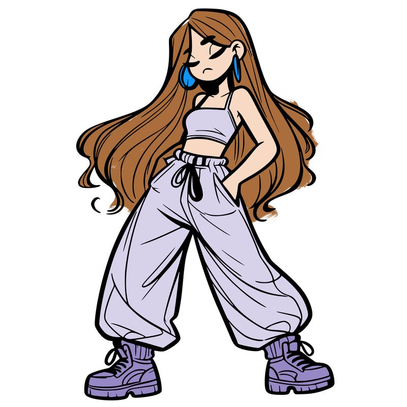 girl in baggy pants crop top and long hair