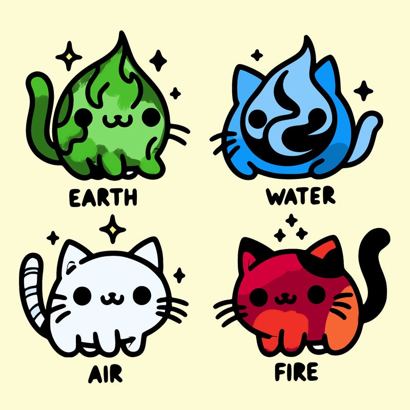 4 cats that represent the different elements, earth, water, air, and fire
