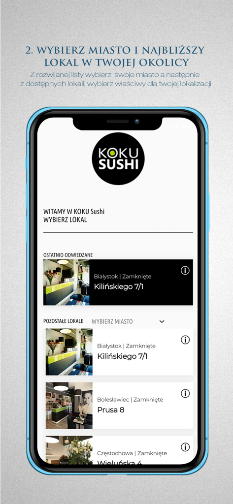 Koku Sushi - Pantalla móvil de la app Koku Sushi para seleccionar una ciudad y ubicación de restaurante