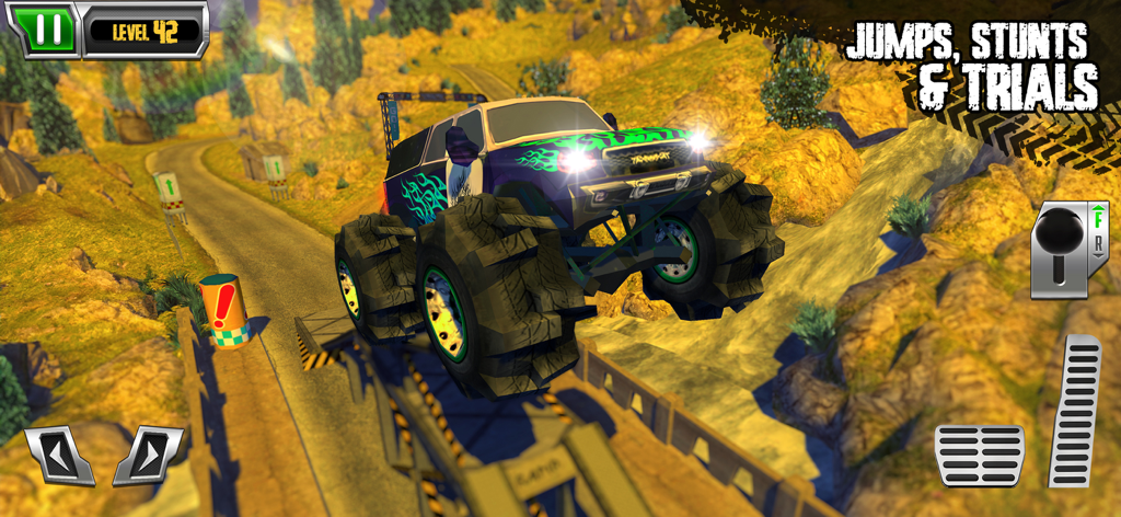 Cross Country Trials - A monster truck performing stunts and balancing on a platform in a rugged mountain environment