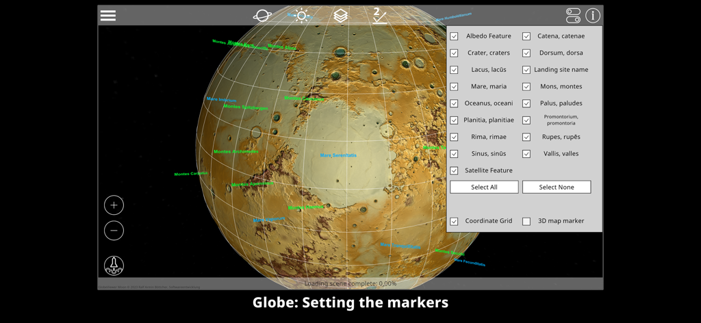 GlobeViewer Moon PRO - Interface of GlobeViewer Moon PRO showing settings for lunar feature markers on a 3D globe.