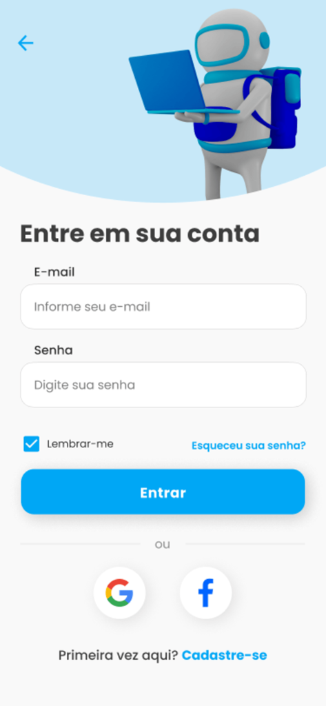 Findnow - Findnow mobile app login screen with email and password fields social login options and a 3D virtual assistant character