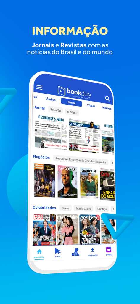 Bookplay - Interface do aplicativo Bookplay apresentando uma seleção de jornais e revistas brasileiras.