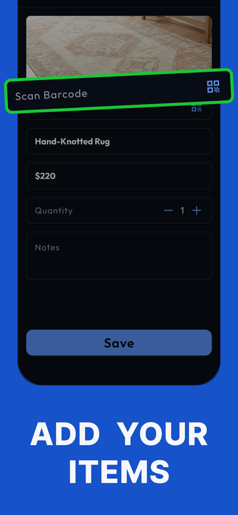 Interfaz de la aplicación Rastreador de Inventario para Empresas que muestra la pantalla de agregar artículo con una función de escaneo de código de barras