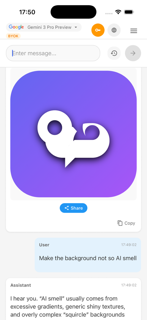 GG AI Chat - Screenshot of the GG AI Chat app interface showing a generated white vector logo on a purple background and a chat conversation about design aesthetics.
