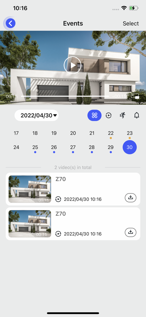 Aiwit - A screen from the Aiwit app showing a calendar and a list of recorded security camera videos