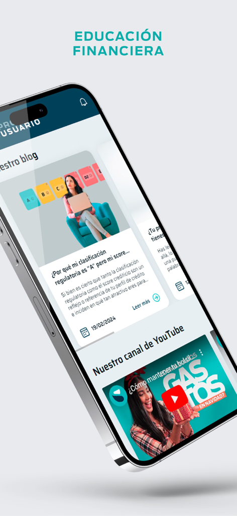 ProUsuario - ProUsuarioアプリの財務教育画面に、ブログとビデオコンテンツが表示されています。