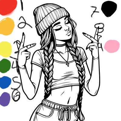 realistic teenage girl with braids and a beanie and crop top doing 🫶🏼