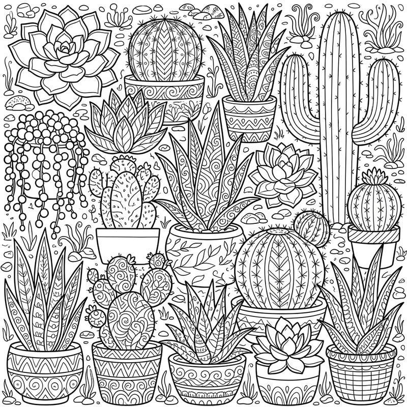 Discover a desert landscape of intricate beauty with this adult coloring page featuring a rich variety of cacti and succulents. Designed for mindfulness and relaxation, each plant and pot offers complex patterns perfect for a satisfying coloring experience.