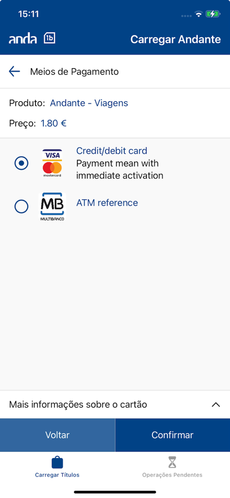 Anda - Payment methods screen in the Anda app for topping up Andante transit cards in Porto