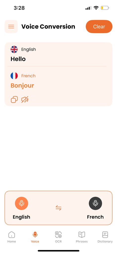 Talkify - AI Voice Translator - Talkify app screen showing English to French voice translation interface
