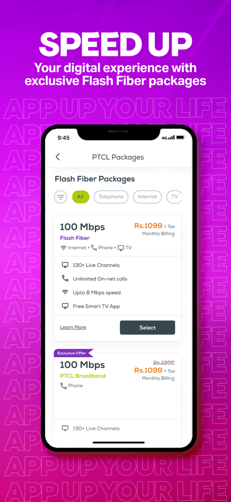 UPTCL- App Up Your Life! - Screenshot of the UPTCL app showing PTCL Flash Fiber internet packages including a 100 Mbps plan with live TV channels and unlimited calls.
