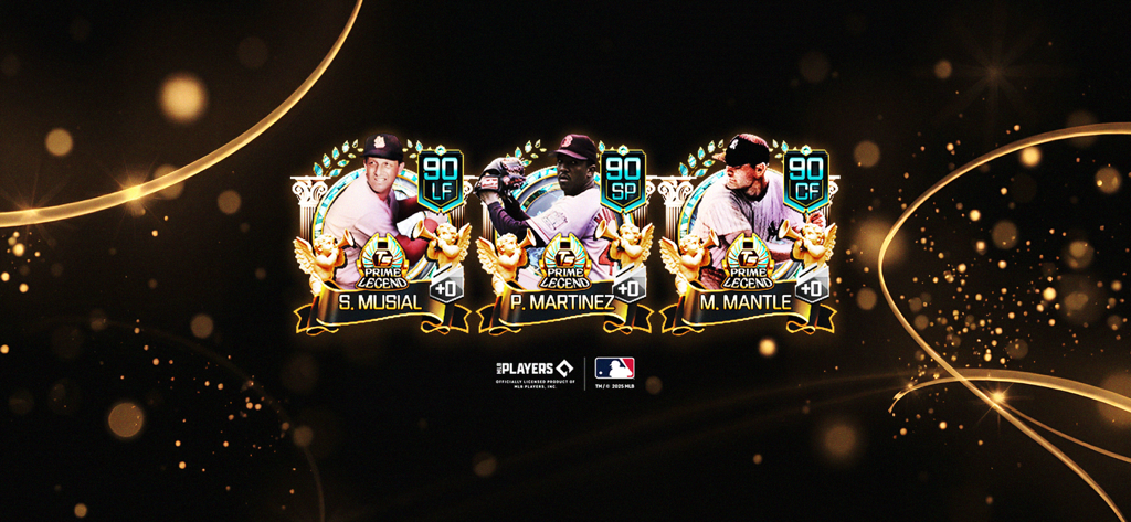 Three Prime Legend baseball cards for Stan Musial, Pedro Martinez, and Mickey Mantle in MLB Perfect Inning 25