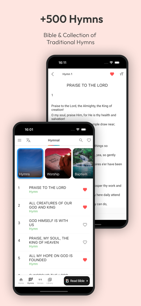 Hymns Of Praise: Jesus Church - Mobile app interface showing a collection of over 500 traditional church hymns with lyrics and categories