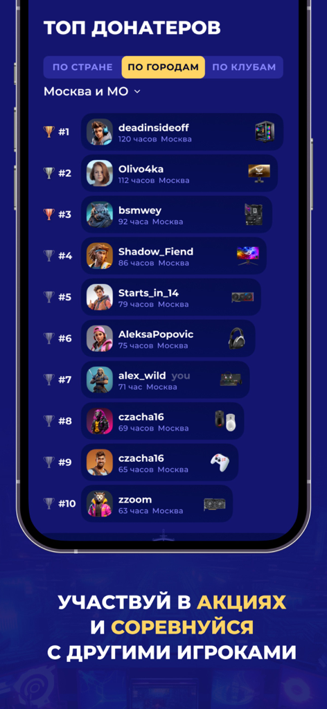 Top donators leaderboard screen in the KiberPride app showing player rankings and gaming rewards