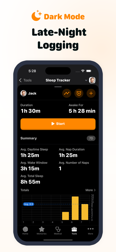 Interface of the Baby Tracker App by Sprout showing sleep tracking data and a bar chart in dark mode.
