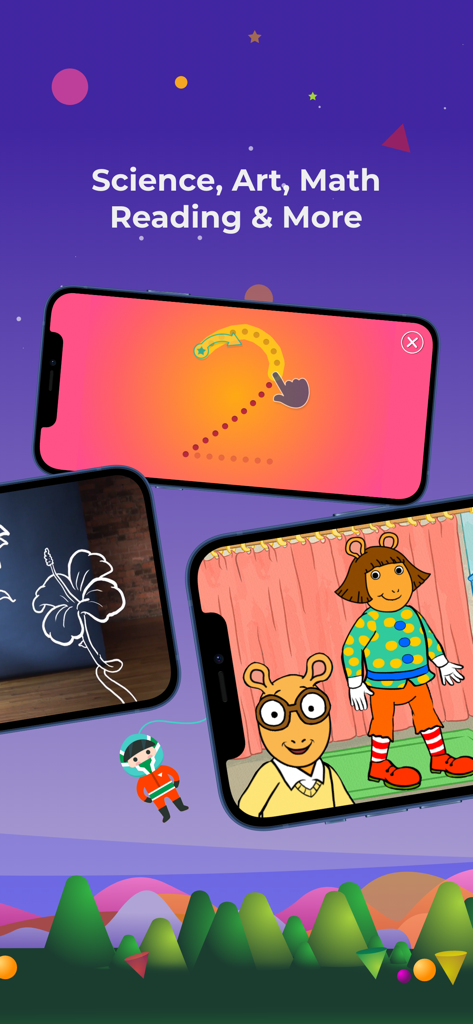 Educational activities for kids in Curious World app featuring math tracing art and Arthur characters