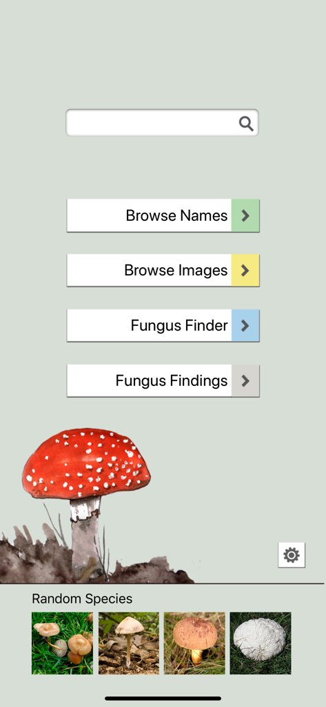 Mushrooms & other Fungi UK - Main menu of the Mushrooms and other Fungi UK app featuring navigation buttons and a red mushroom illustration.