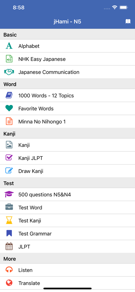 Learn Japanese - jHami - Main menu of the jHami app showing Japanese learning modules including Alphabet, Kanji, and JLPT practice tests.